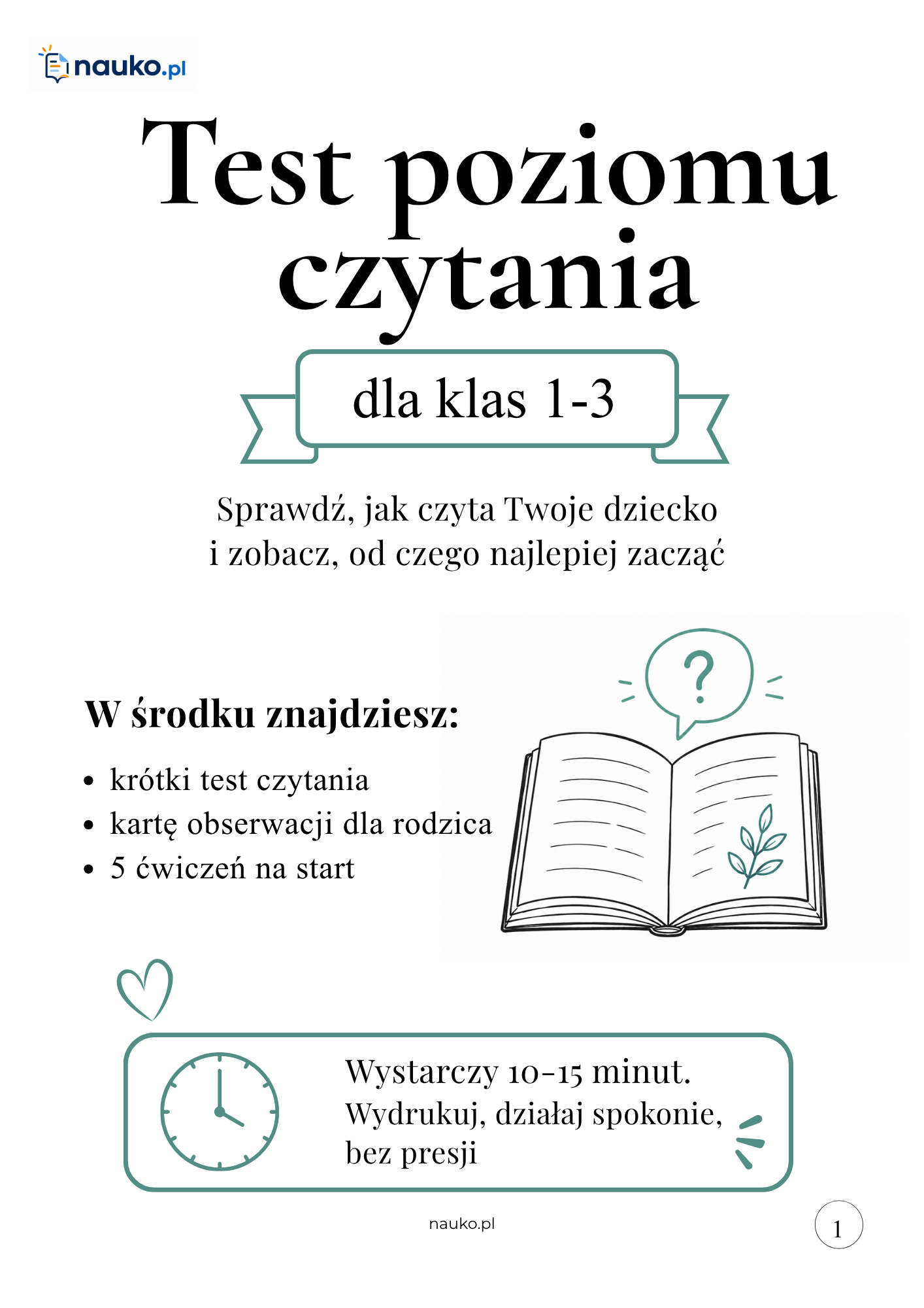 Strona tytułowa testu poziomu czytania