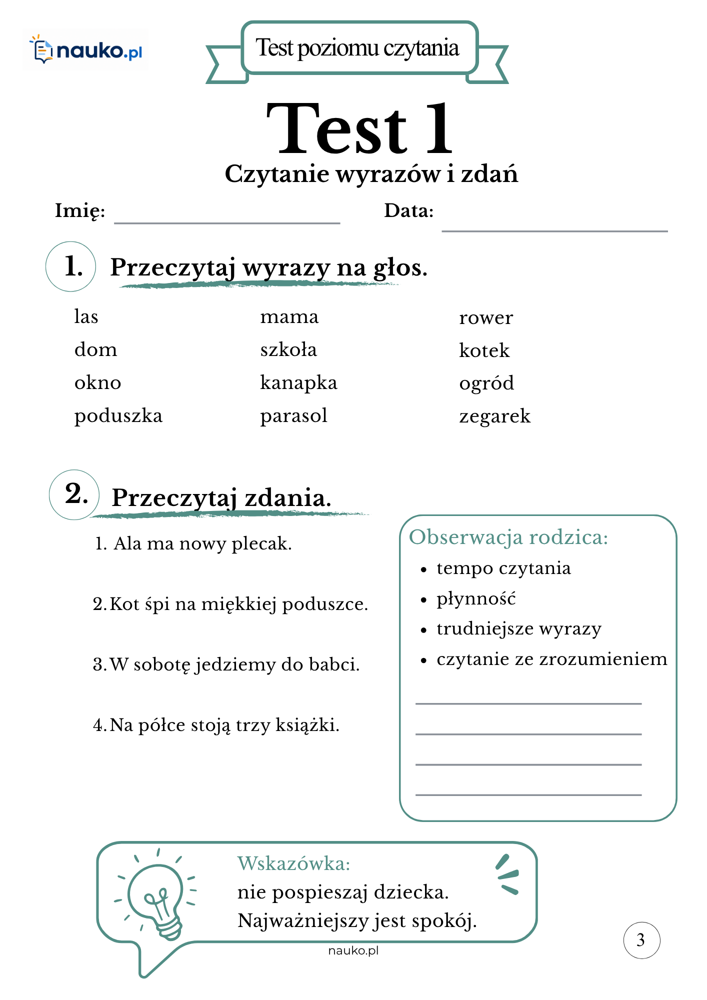 Test z krótkim tekstem i pytaniami
