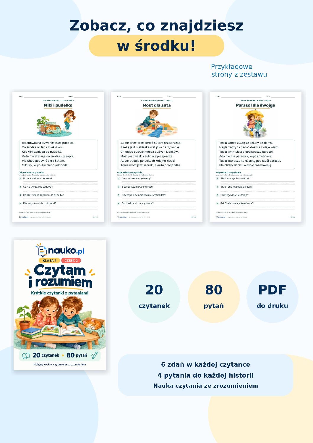 NAUKO_Czytam_i_rozumiem_czesc2_podglad_NOWY Czytam i rozumiem – klasa 1, część 2 | 20 czytanek i 80 pytań – PDF do druku
