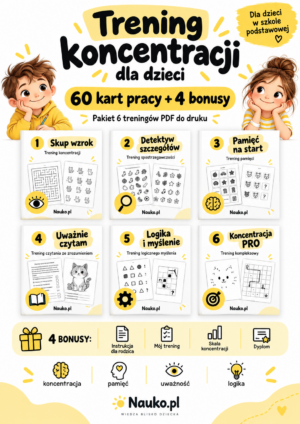 Trening koncentracji dla dzieci – 60 kart pracy + 4 bonusy | Pakiet PDF